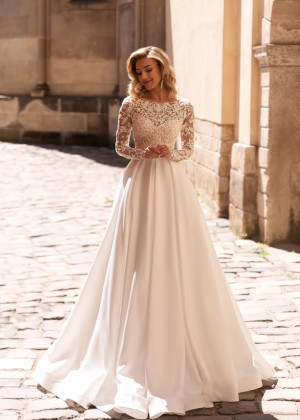 Long Sleeves Beaded Ivory Lace Satin Wedding Dress